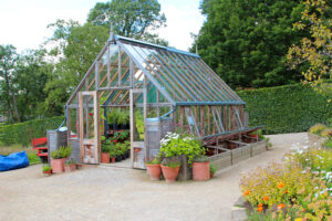 Glass A-frame greenhouse with potted plants around it.